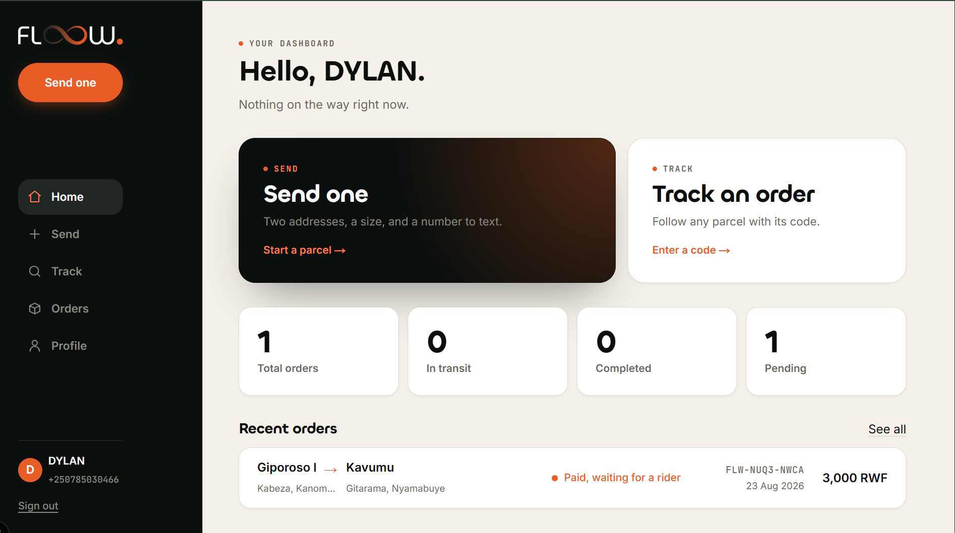 The FLOOW dashboard: recent orders, live delivery status, and totals at a glance.